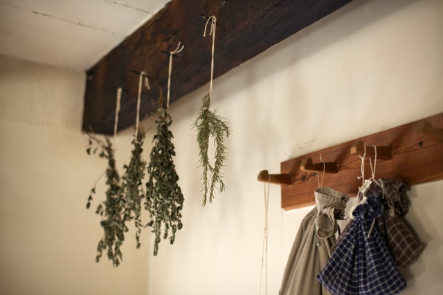 natural kitchen with drying herbs 